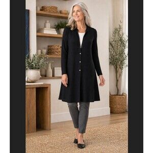 J Jill Wearever Cardigan LP Petite Black Longline Button Long Sleeve Knit Duster